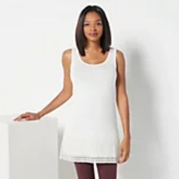 LOGO Layers by Lori Goldstein White Tank Top w/ Pleated Mesh Polka Dot Hem - L - Picture 5 of 5